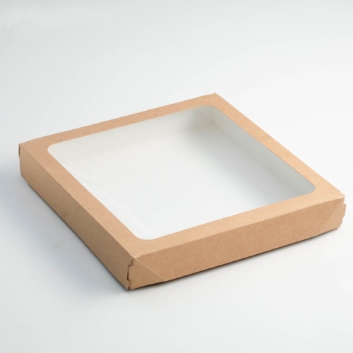 коробка упаковочная с окошком (26х26х4 см) самосборная цвет бурый
